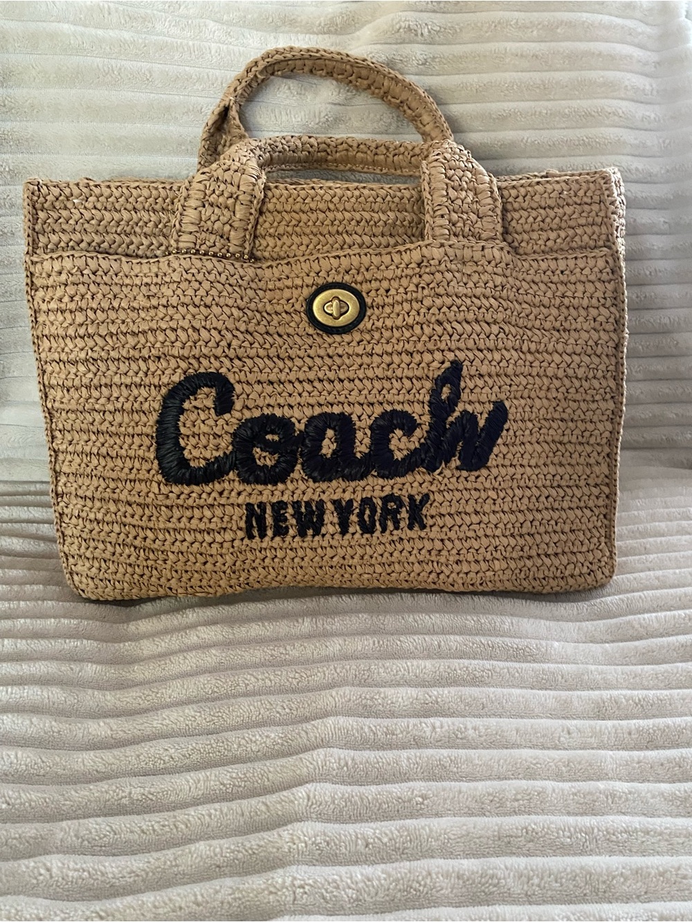 COACH CARGO EMBROIDERED STRAW TOTE BAG